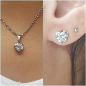 302.7- CONJUNTO DE AÇO COLAR E BRINCO CORAÇÃO BRILHANTE