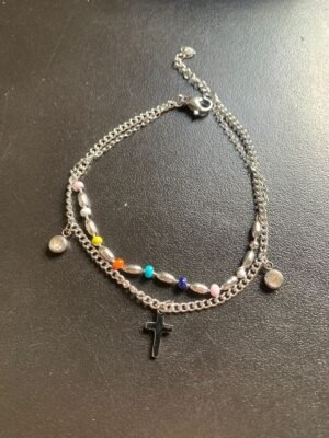 197.69 - PULSEIRA DE AÇO DUPLA BOLINHAS COLORIDAS CRUZ