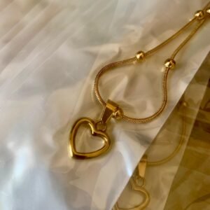 229.210 - COLAR DE AÇO ELO RATO BOLINHAS COM PINGENTE DE CORAÇÃO