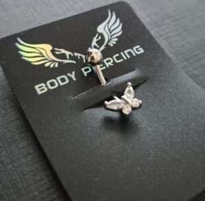 11.45 - PIERCING DE AÇO BORBOLETA UMBIGO (PINGENTE FOLHEADO)
